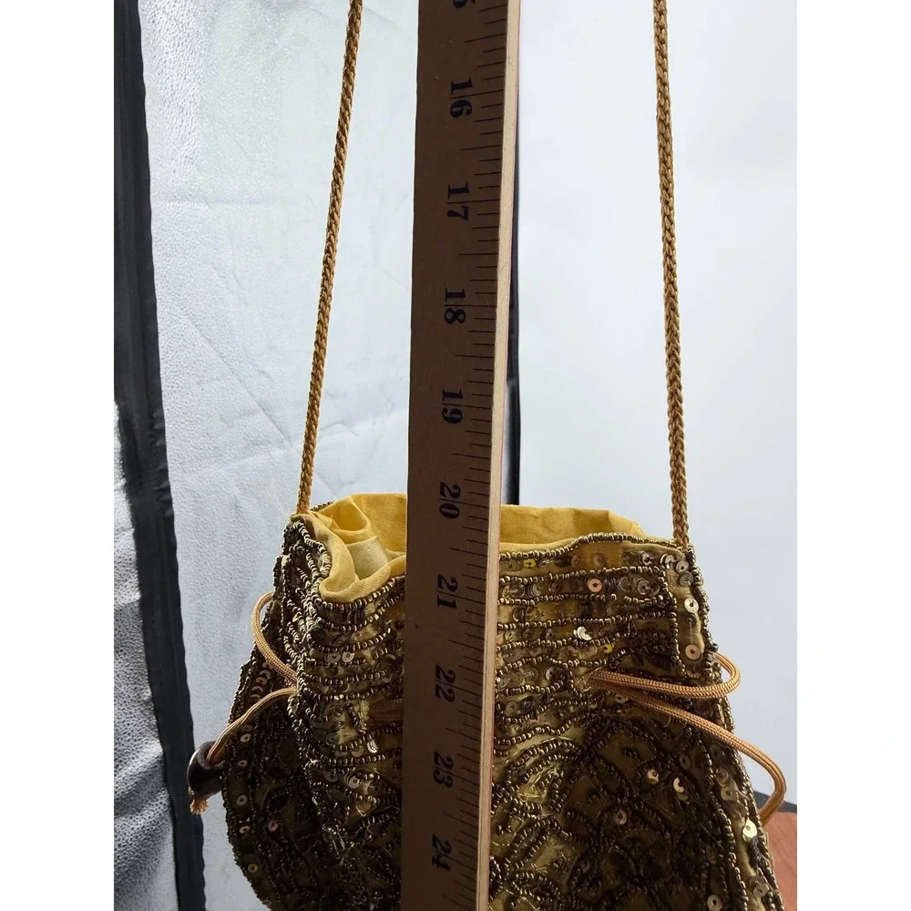 Unbranded Beaded Drawstring Pouch Bag Women Small Gold Sequin Evening Purse